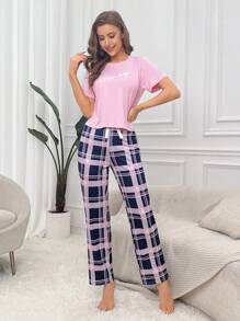 Letter Graphic Tee & Plaid Shorts & Pants PJ Set - Multicolor - View 4