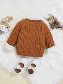 SHEIN Baby Girl Raglan Sleeve Button Detail Cable Knit Sweater