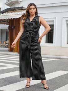 SHEIN Privé Plus Striped Print Belted Wide Leg Jumpsuit