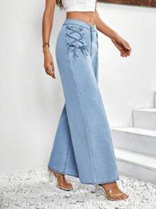 SHEIN Essnce Lace Up Front Wide Leg Jeans - Light Wash - View 1