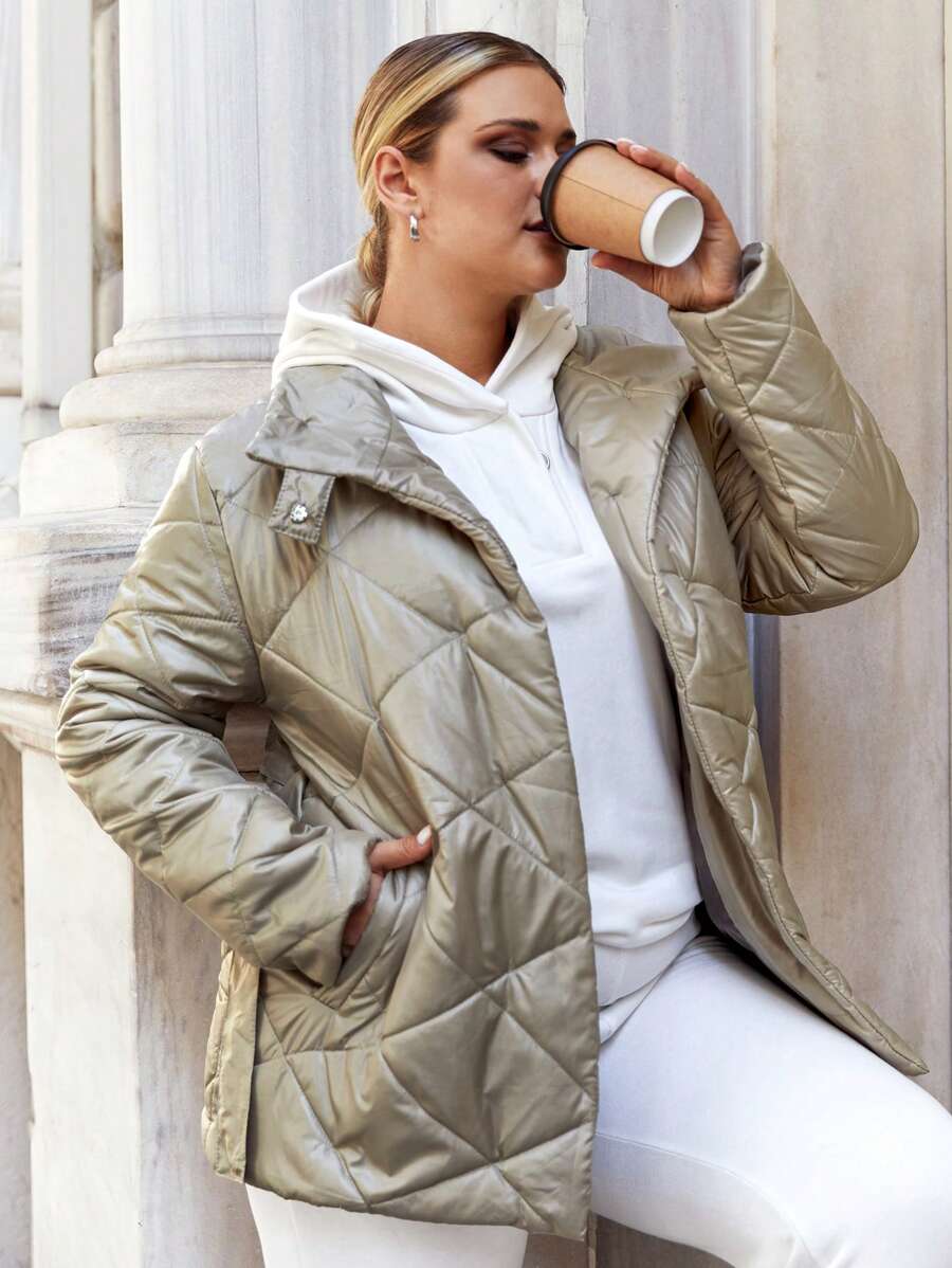 RueChic Plus Solid Slant Pocket Belted Quilted Coat - Olive Green - View 1