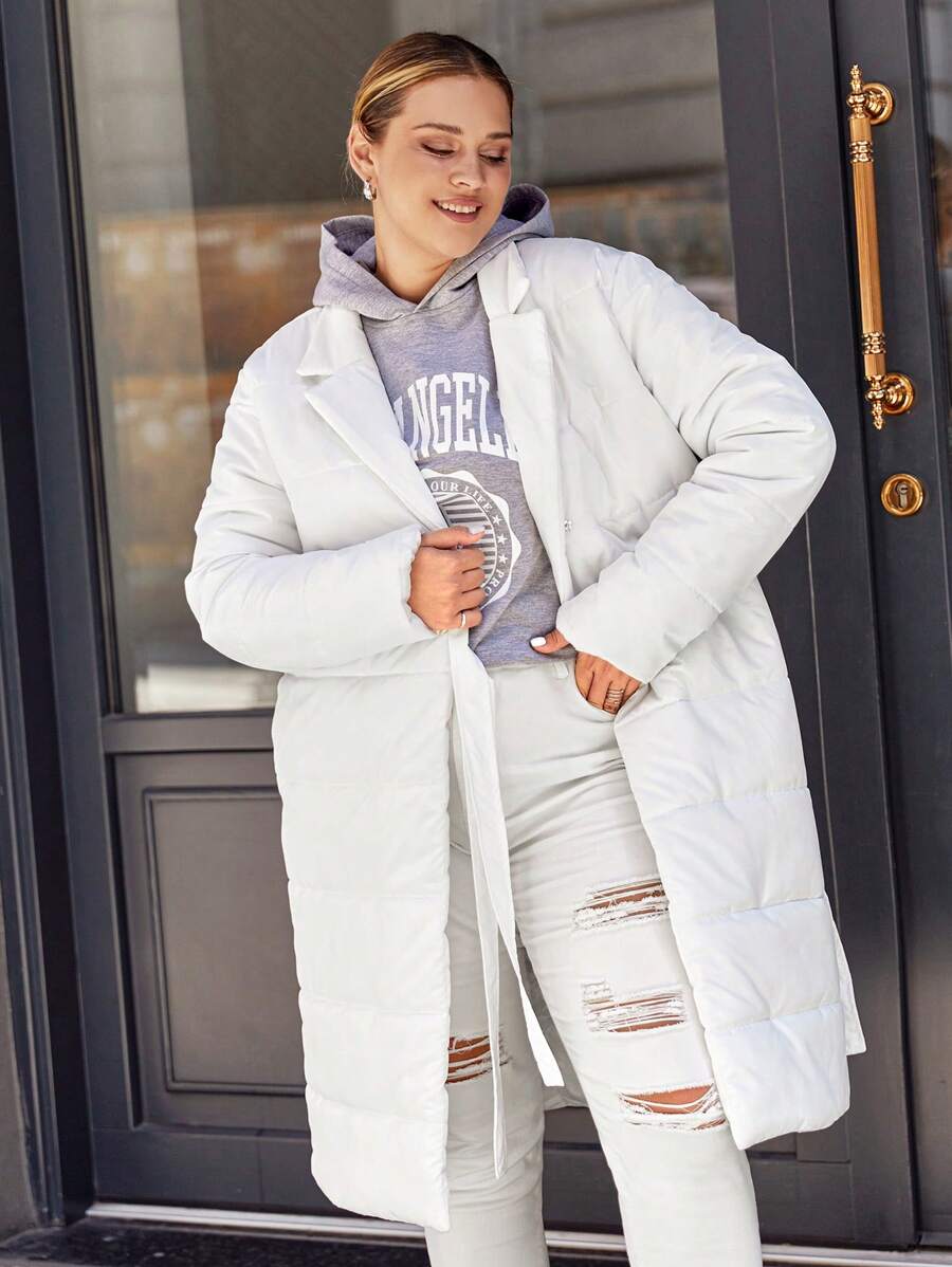 RueChic Plus Solid Tie Front Puffer Coat - White - View 1