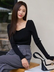 DAZY Cổ Trái tim Đồ đan Ribbed Áo len - màu đen - Xem 5