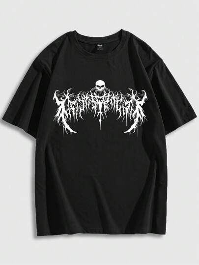 Goth Men Skull & Letter Graphic Tee, School, 2000s Style
