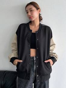 DAZY Two Tone Drop Shoulder Bomber Jacket - Black - View 4