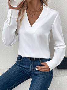 SHEIN Frenchy Chất rắn Cổ v Áo sơ mi - trắng - Xem 6