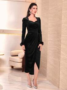 Modelyn Fuzzy Cuff Wrap Hem Velvet Dress - Black - View 5