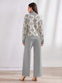 Mulvari Geo Pattern Turtleneck Sweater & Knit Pants 2 Pieces Set
