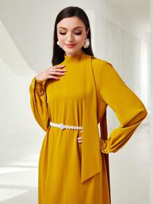 Modelyn Mock Neck Lantern Sleeve Dress Without Belt - Mustard Yellow - View 6