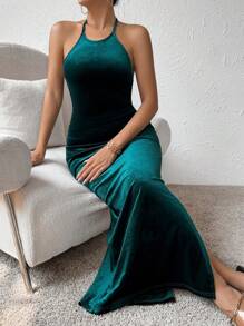 Allurite Tie Backless Split Thigh Velvet Halter Dress - Dark Green - View 6