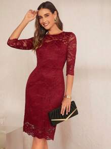 SHEIN Clasi 素色蕾絲覆蓋緊身洋裝 - 酒紅色 - 查看 1
