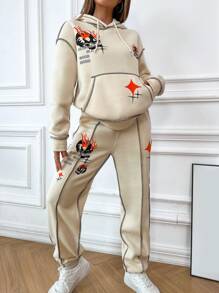 SHEIN Unity In Đầu lâu Khâu trên cùng Thả vai Dây rút Áo Hoodie & Quần thể thao - Màu be - Xem 1