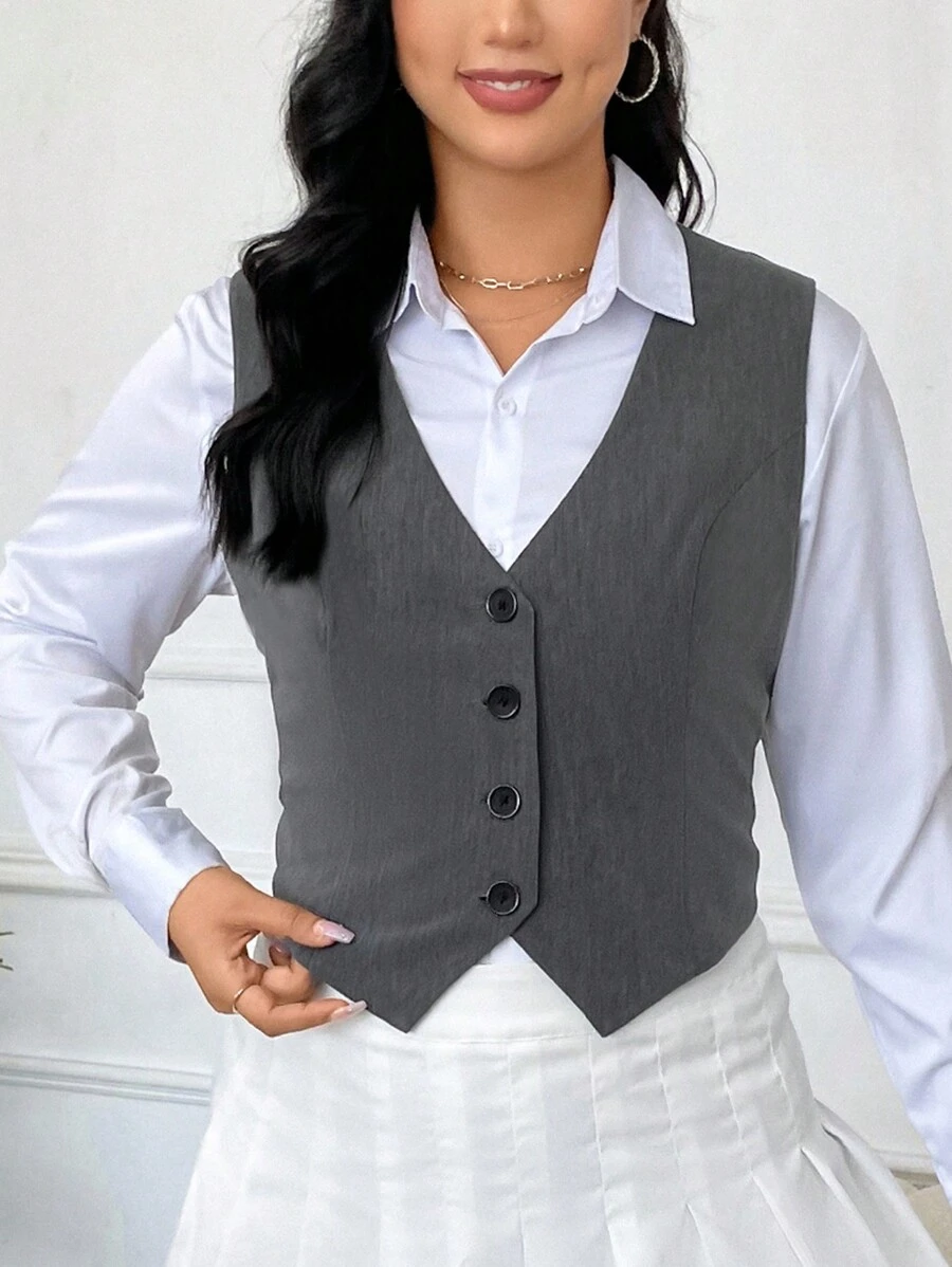 SHEIN EZwear Plus Button Front Vest Blazer Without Shirt - Dark Grey - View 1