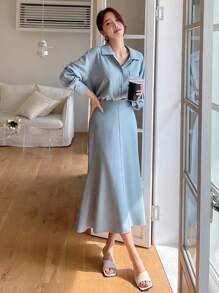 DAZY Thả vai Áo sơ mi & Cao eo Váy - Màu xanh lam - Xem 1