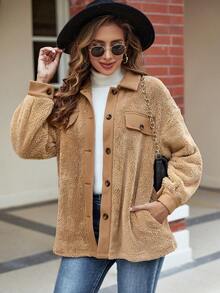 SHEIN LUNE Flap Detail Drop Shoulder Teddy Coat - Camel - View 5