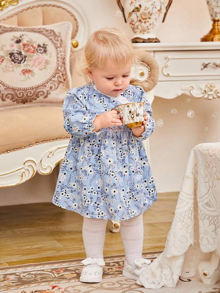 Baby Girl Floral Print Frill Trim Smock Dress