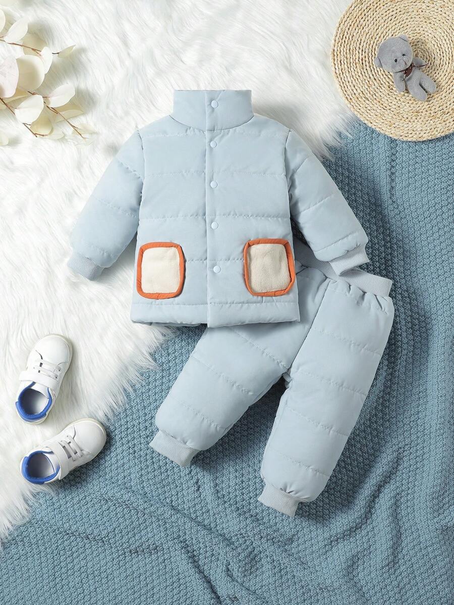 Baby Girl Contrast Binding Dual Pocket Padded Coat & Pants - Baby Blue - View 1