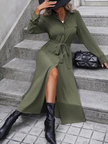 SHEIN LUNE Solid Belted Shirt Dress Maxi Women Outfit Fall Cloth For Women - Dark Green - View 3
