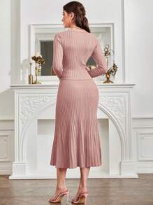 Modelyn Solid Wrap Cross Sweater & Mermaid Hem Knit Skirt - Dusty Pink - View 2