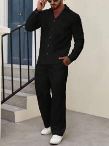 Manfinity Homme Conjunto Holgado De Camisa Y Pantalón Para Hombres, Con Botones Delanteros Y Color Sólido - Negro - Ver 7