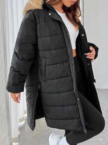 SHEIN EZwear 毛绒装饰连帽夹棉大衣 - 黑色 - 查看 3