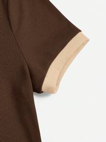 SHEIN EZwear 拼接領條紋針織緊身洋裝 - 巧克力棕 - 查看 3