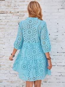 GENKIRA Eyelet Embroidery Button Front Smock Dress Vacation Outfits Woman  - Blue - View 2