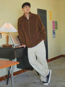 DAZY 男士拉鏈開襟毛絨夾克 - 咖啡棕 - 查看 3