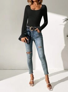 SHEIN Tall Solid Scoop Neck Tee, Tall Women - Black - View 3