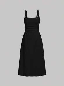 SHEIN MOD Vestido de tirantes unicolor fruncido - Negro - Ver 1