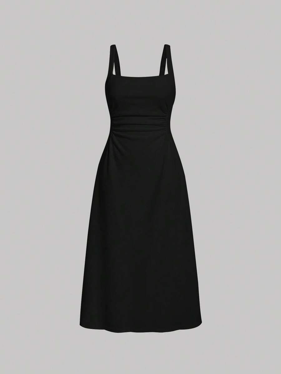 SHEIN MOD Vestido de tirantes unicolor fruncido - Negro - Ver 1