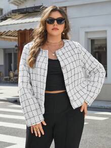 SHEIN Privé áo khoác kích thước lớn Nút phía trước Sọc ca rô Thanh lịch - trắng - Xem 1