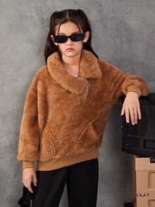 SHEIN Cô gái Tween Vạt trước một nửa khóa kéo Túi kangaroo Thả vai Teddy Áo nỉ - màu nâu - Xem 5