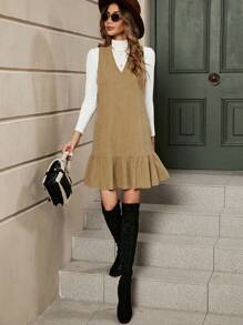 SHEIN LUNE Solid Ruffle Hem Smock Dress Without Sweater - Khaki - View 4