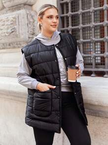 RueChic Plus Button Front Puffer Vest Coat - Black - View 1