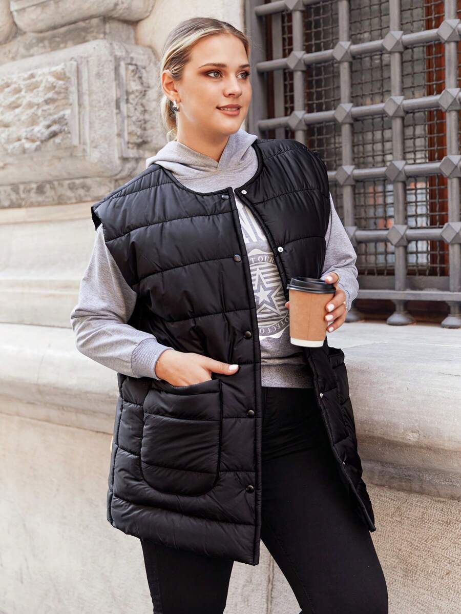 RueChic Plus Button Front Puffer Vest Coat - Black - View 1