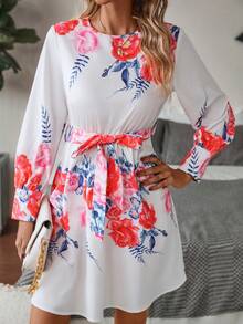 SHEIN Clasi 印花繫腰帶洋裝 - 白色 - 查看 4