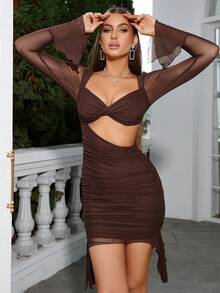 PARTHEA Twist Front Cut Out Flounce Sleeve Ruched Mesh Bodycon Dress - Chocolate Brown - View 3