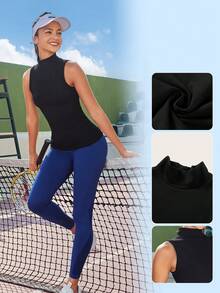 Lifespree High Neck Solid Sports Tank Top - Black - View 5