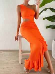 Rafferiza One Shoulder Cut Out Waist Ruffle Trim Ruched Dress Maxi Women Outfit - Orange - View 4