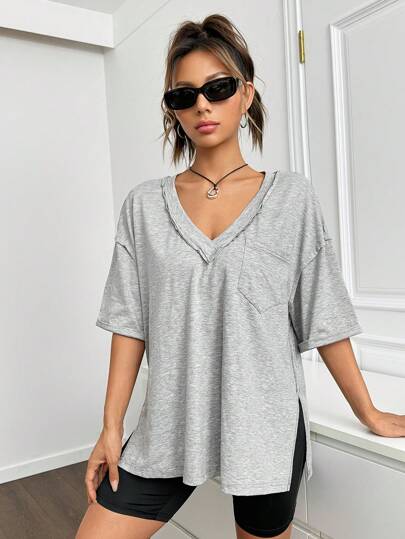 SHEIN EZwear 落肩袖下擺開叉T恤