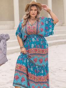 Rusttydustty Hơn In hoa áo tay bướm Xù Hoa Sen Đầm - Màu xanh lam - Xem 5