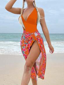 Floral Print One Piece Swimsuit With Beach Skirt - Orange - View 4