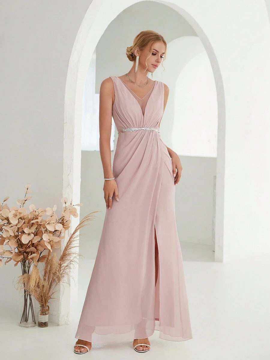 Deep V-Neck Silver Sequin Belt Pleated Chiffon High Slit Maxi Party Dress - Pink - View 1