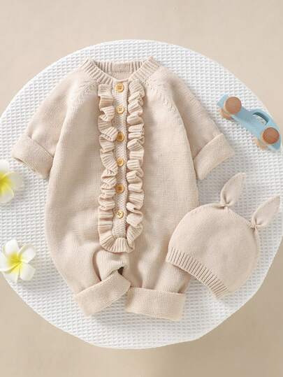 SHEIN Vintaside Kids 女嬰荷葉邊插肩袖前紐扣針織連身褲和帽