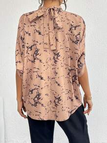 SHEIN Privé All Over Print Batwing Sleeve Mock Neck Blouse - Khaki - View 2