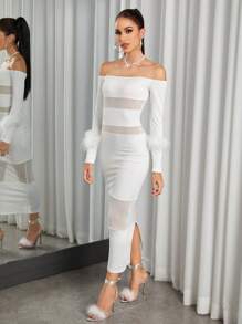 Zolique Off Shoulder Fuzzy Cuff Mesh Insert Dress Maxi Women Outfit - White - View 4