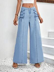 SHEIN Essnce Lace Up Front Wide Leg Jeans - Light Wash - View 5