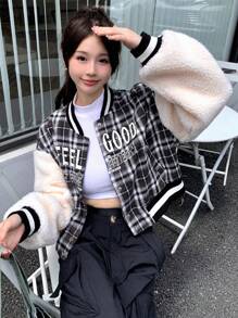 DAZY Đồ họa Chữ cái Kẻ sọc Tartan Thả vai Quá lớn Áo khoác bomber - Nhiều màu - Xem 6