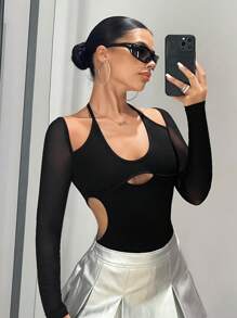 SHEIN ICON 黑色露背連身衣，綁帶開叉設計 - 黑色 - 查看 3